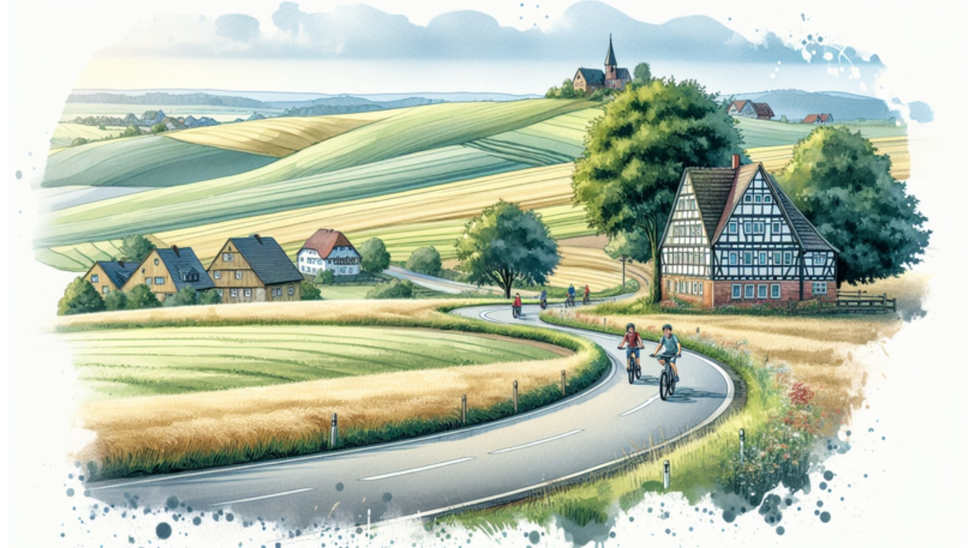 Darstellung der Goldschalen-Tour-Landschaft mit Hügeln, Feldern und Fachwerkhäusern in Schleswig-Holstein, eine Familie fährt Fahrrad.