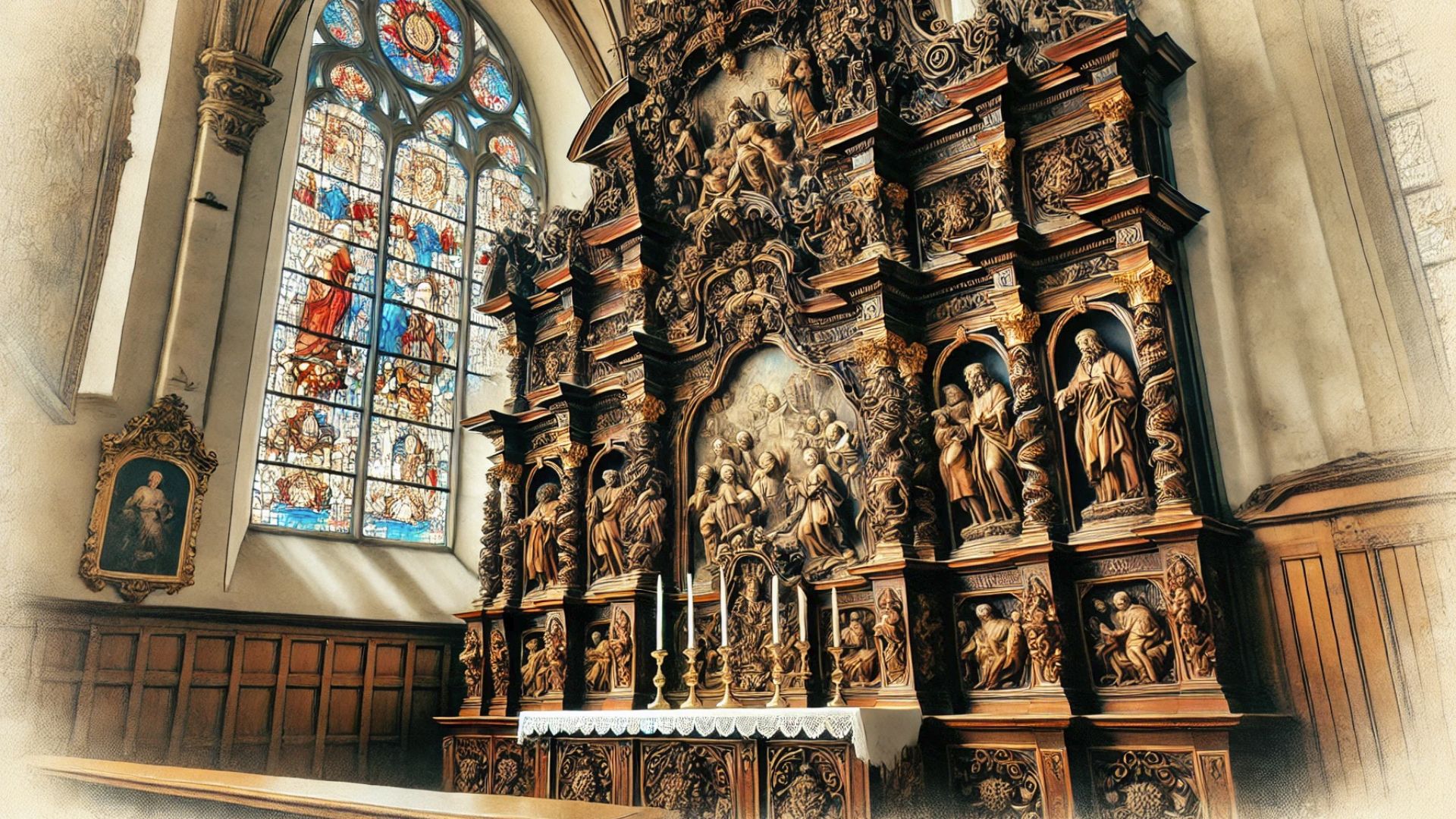 Der kunstvolle Renaissance-Flügelaltar in der Peter-Paul-Kirche in Bad Oldesloe, detailreich geschnitzt und verziert.