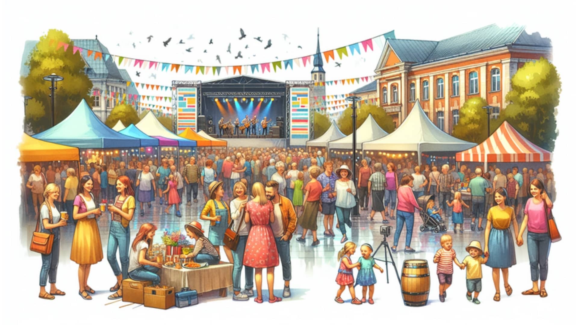 Szene auf dem Stadtfest Bad Oldesloe 2024 mit Musik, fröhlichen Menschen und bunten Ständen im Aquarellstil.