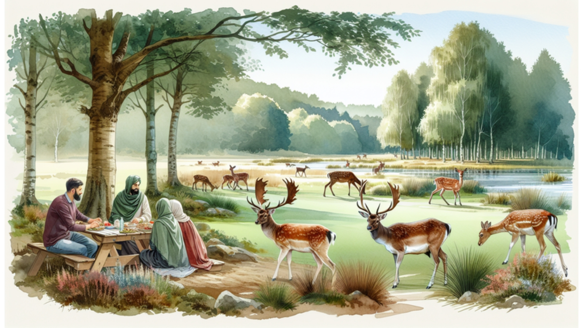 Abbildung eines idyllischen Wildgeheges in Schleswig-Holstein mit Hirschen und Rehen; eine Familie genießt ein Picknick in der Natur.